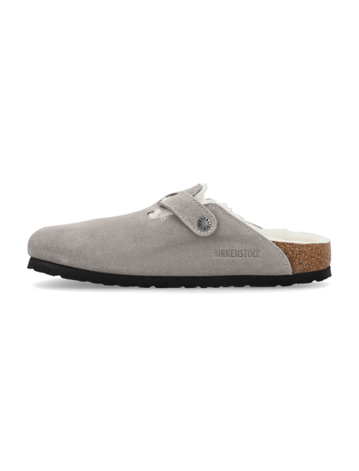 Birkenstock Stone Grey Boston Fur-lined Buckle Sandals In Stone Coin