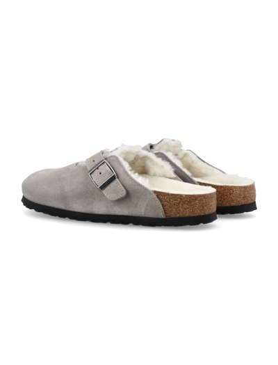 Birkenstock Stone Grey Boston Fur-lined Buckle Sandals In Stone Coin