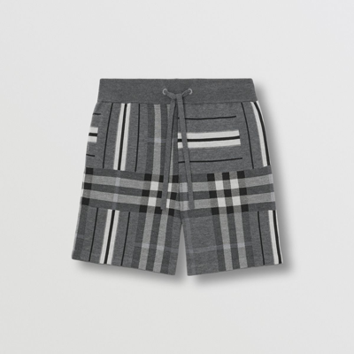 Shop Burberry Check And Stripe Wool Blend Jacquard Shorts In Dark Grey Melange