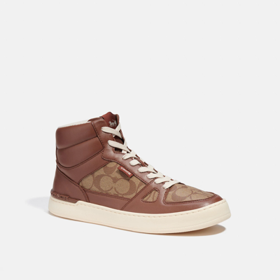 Shop Coach Outlet Clip Court High Top Sneaker In Signature Canvas In Brown