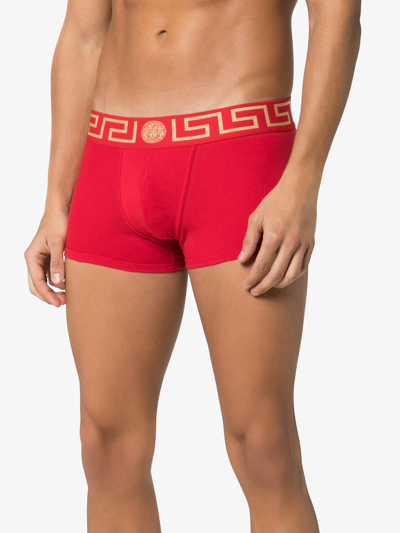 Versace Greca Border Long Boxer Trunks In Red