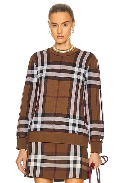 Shop Burberry Fallon Patchwork Check Crewneck Sweater In Dark Birch Brown