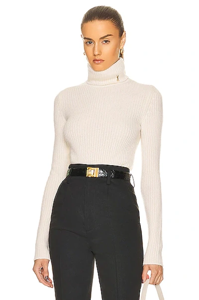 Saint Laurent Ribbed Turtleneck Pullover In Cream Wool And Cashmere In  White