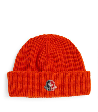 Shop Moncler Wool Ribbed Logo Beanie In Orange