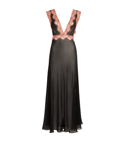 Shop Loretta Caponi Silk Lace-trimmed Longline Dalila Nightgown In Black
