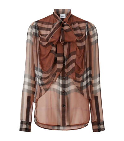 Shop Burberry Silk Check Pussybow Blouse In Brown