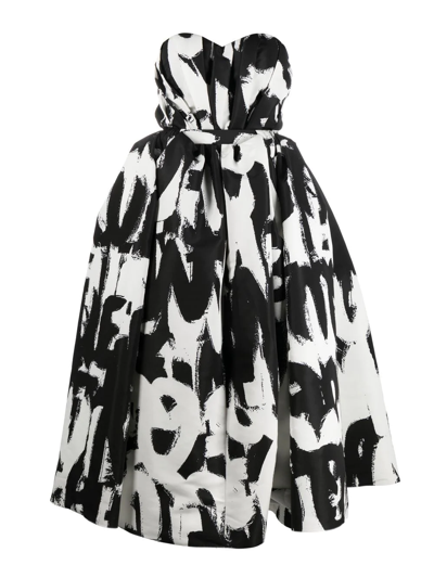 Shop Alexander Mcqueen Mcqueen Graffiti Print Strapless Dress In 1090 Black White