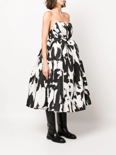 Shop Alexander Mcqueen Mcqueen Graffiti Print Strapless Dress In 1090 Black White