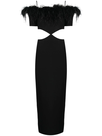 Rasario Off-the-shoulder Cutout Feather-embellished Crepe Maxi Dress In Black
