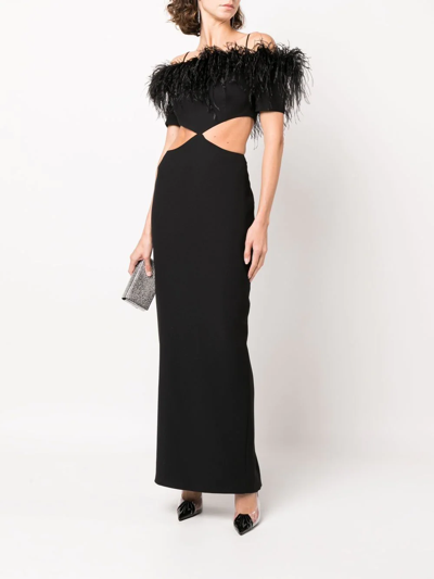 Rasario Off-the-shoulder Cutout Feather-embellished Crepe Maxi Dress In Black