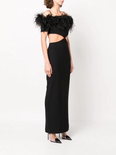Rasario Off-the-shoulder Cutout Feather-embellished Crepe Maxi Dress In Black