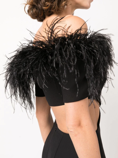 Rasario Off-the-shoulder Cutout Feather-embellished Crepe Maxi Dress In Black