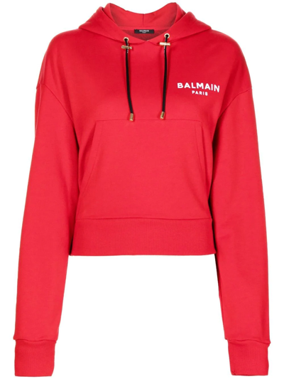 Shop Balmain Flocked-logo Cropped Hoodie In Red