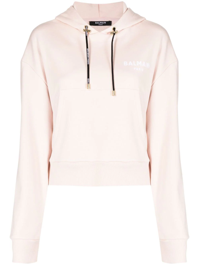 Shop Balmain Flocked-logo Cropped Hoodie In Pink