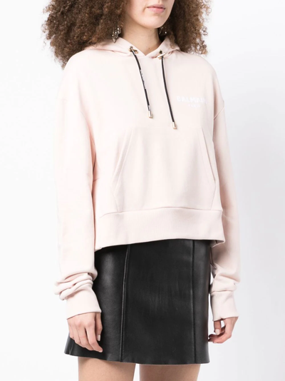 Shop Balmain Flocked-logo Cropped Hoodie In Pink