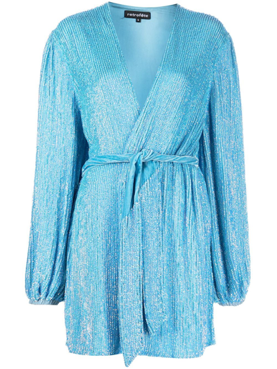 Shop Retroféte Gabrielle Sequin-embellished Wrap Dress In Blue