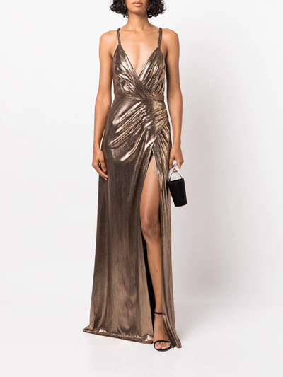 Shop Retroféte Yesi Ruched Panelled Maxi Dress In Gold