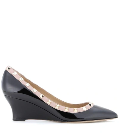 Shop Valentino Rockstud Patent Leather Wedges In Eero