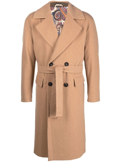 Shop Etro Double-breasted Belted Coat In Neutrals