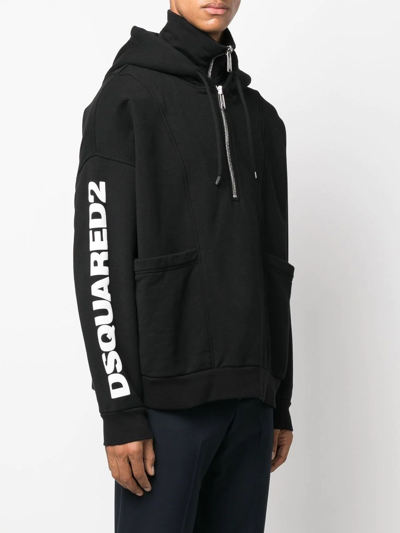 Dsquared2 Logo-printed Half-zipped Drawstring Hoodie In Schwarz