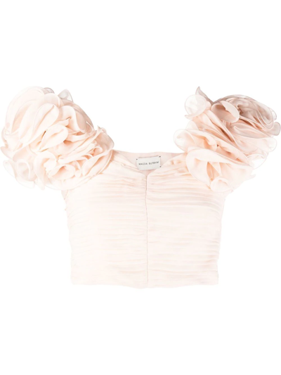 Shop Magda Butrym Floral Puff-sleeve Cropped Top In Rosa