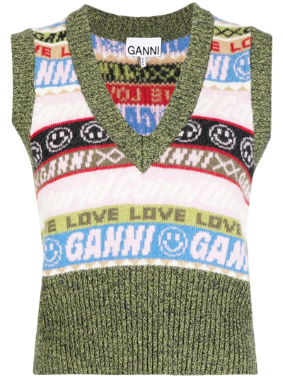 Shop Ganni Graphic-knit Vest Top In Mehrfarbig