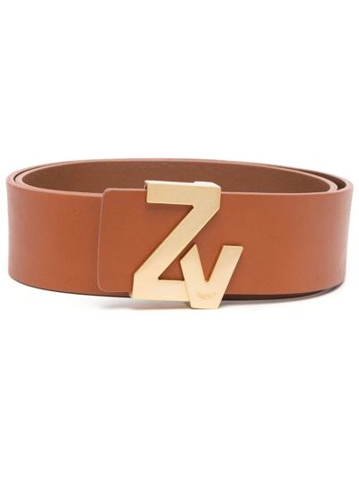 Shop Zadig & Voltaire Logo-plaque Leather Belt In Braun