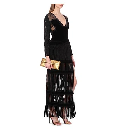 Shop Tom Ford Fringed Lace And Velvet Gown In Blk