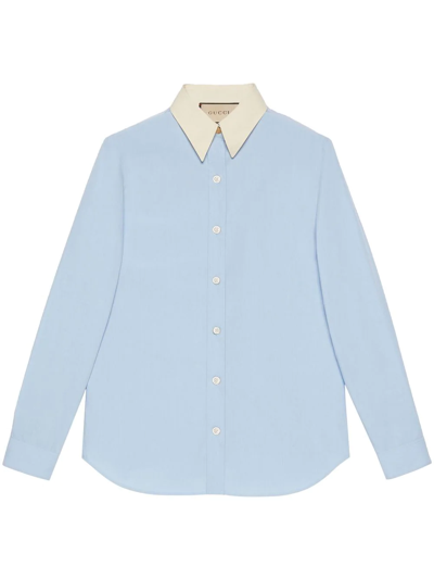 Shop Gucci Contrasting-collar Poplin Shirt In Blau