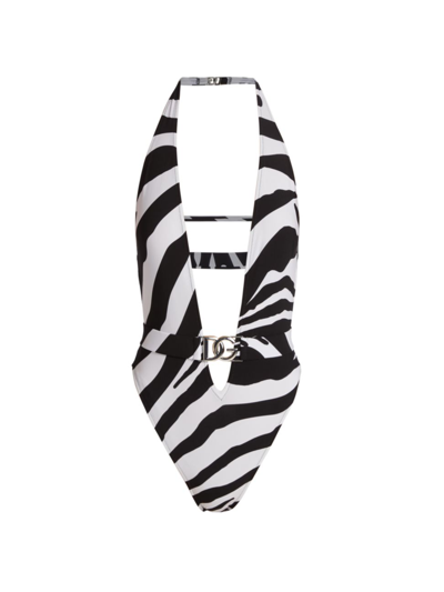 Shop Dolce & Gabbana Women's Plunging Zebra-stripe One-piece Swimsuit In Zebra Bianco Nero