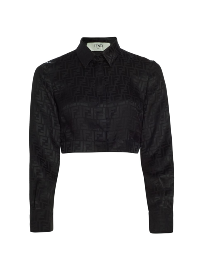 Shop Fendi Women's Cropped Jacquard-logo Shirt In Black