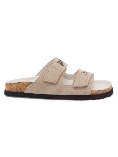 Shop Palm Angels Men's Logo Suede Double-strap Sandals In White Grey
