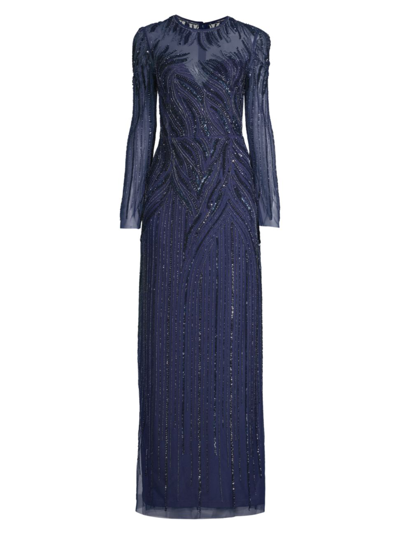 Shop Aidan Mattox Women's Long Sleeve Beaded Column Gown In Twilight