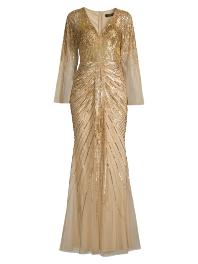 Shop Aidan Mattox Women's Sequined Bell-sleeve Gown In Gold
