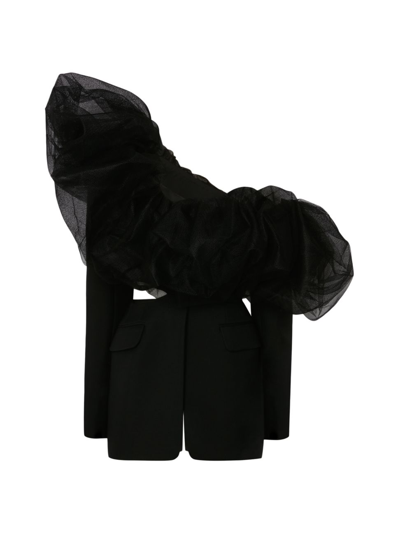 Shop Alexander Mcqueen Women's Tulle-embellished Off-the-shoulder Jacket In Black