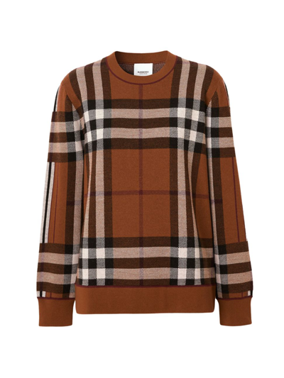 Shop Burberry Women's Fallon Check Wool Sweater In Dark Birch Brown