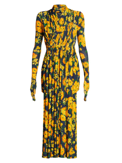 Shop Balenciaga Floral Draped-front Minidress In Yellow Navy