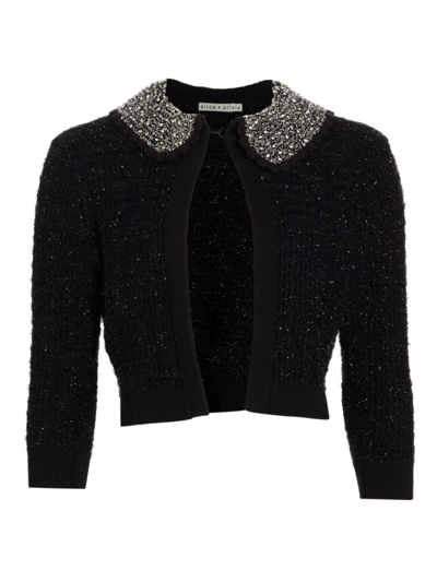 Shop Alice And Olivia Women's Akira Embellished Textured Knit Crop Cardigan In Black Metallic