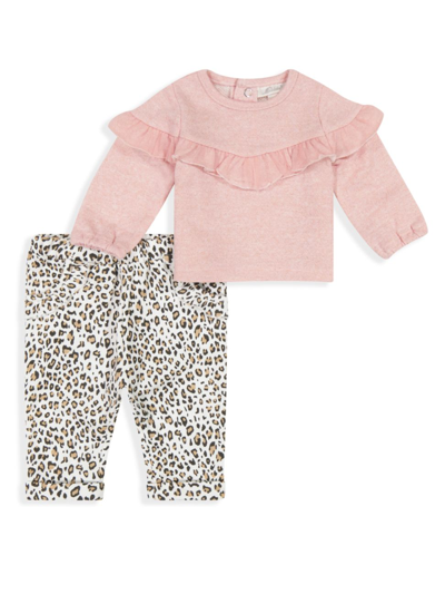 Shop Miniclasix Baby Girl's Ruffled Top & Cheetah Print Pants Set In Mauve