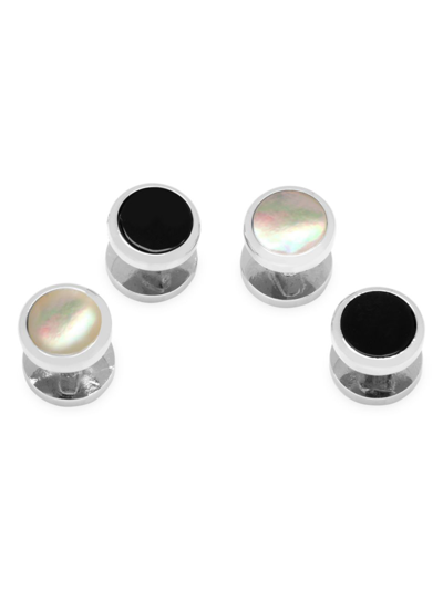 Shop Cufflinks, Inc Men's 2-piece Double-sided Onyx & Mother Of Pearl Round Beveled Stud Set In Silver