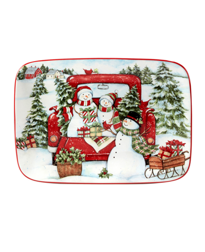 CERTIFIED INTERNATIONAL RED TRUCK SNOWMAN RECTANGULAR PLATTER 