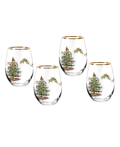 Shop Spode Christmas Tree 19 Oz. Stemless Wine Glasses, Set Of 4 In Green