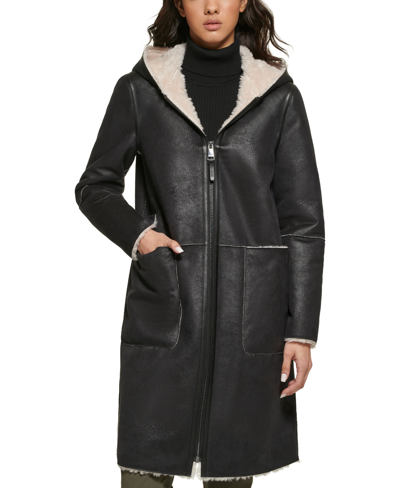 Shop Dkny Petite Hooded Faux-shearling Coat In Black