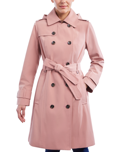 Shop London Fog Women's Petite Hooded Double-breasted Trench Coat In Tea Rose