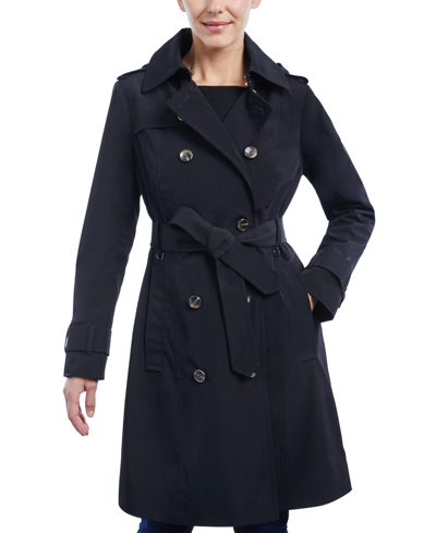 Shop London Fog Women's Petite Hooded Double-breasted Trench Coat In Black