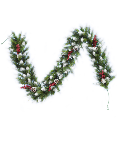 Shop Perfect Holiday Snow Flocked Camdon Fir Garland With Pine Cones & Berry Clusters,12" X 6" In Green