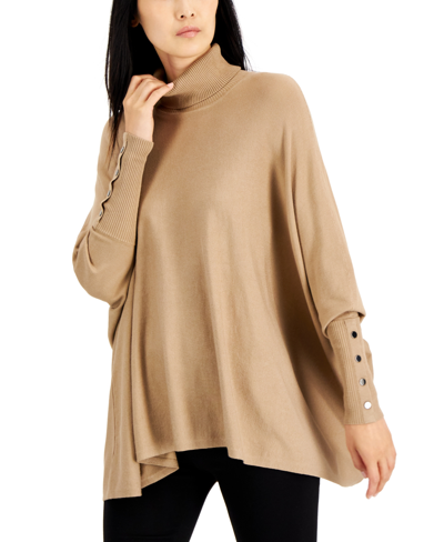 Shop Alfani Petite Turtleneck Poncho Sweater, Created For Macy's In New Fawn