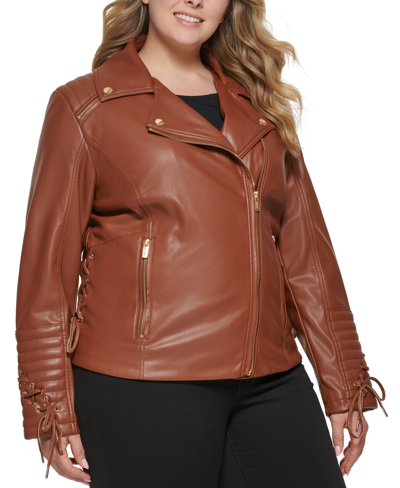 Shop Guess Women's Plus Size Faux-leather Asymmetric Moto Coat In Cognac