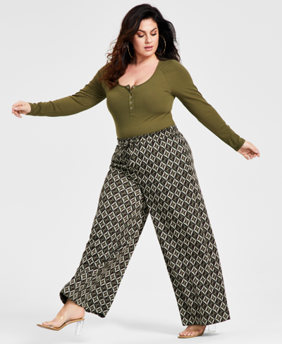 Shop Nina Parker Trendy Plus Size Geo-print Wide-leg Pants In Olive Diamond Geo
