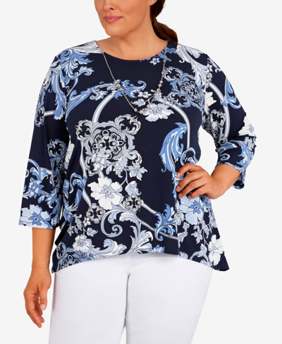 Shop Alfred Dunner Plus Size Classics Floral Scroll Puff Print Top With Detachable Necklace In Navy